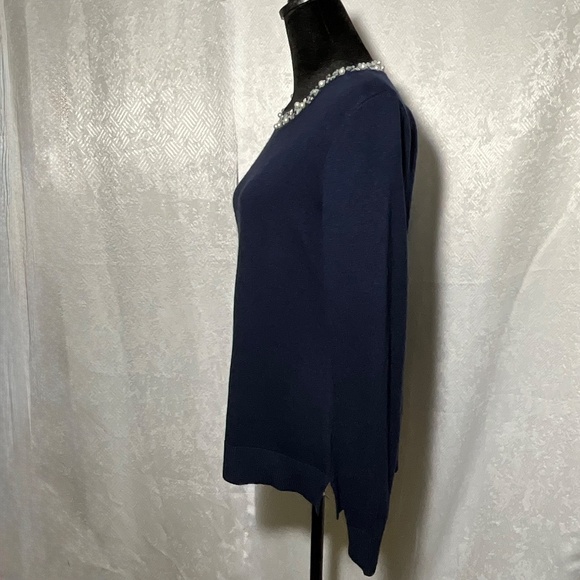 INC Women’s Embellished Cold Shoulder Sweater Navy Beaded Neckline Size S NWT - Picture 4 of 12